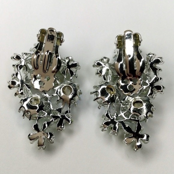 1960s Vtg Silver Tone Statement Clip On Earrings Enamel Flowers & AB Rhinestones - Picture 9 of 11